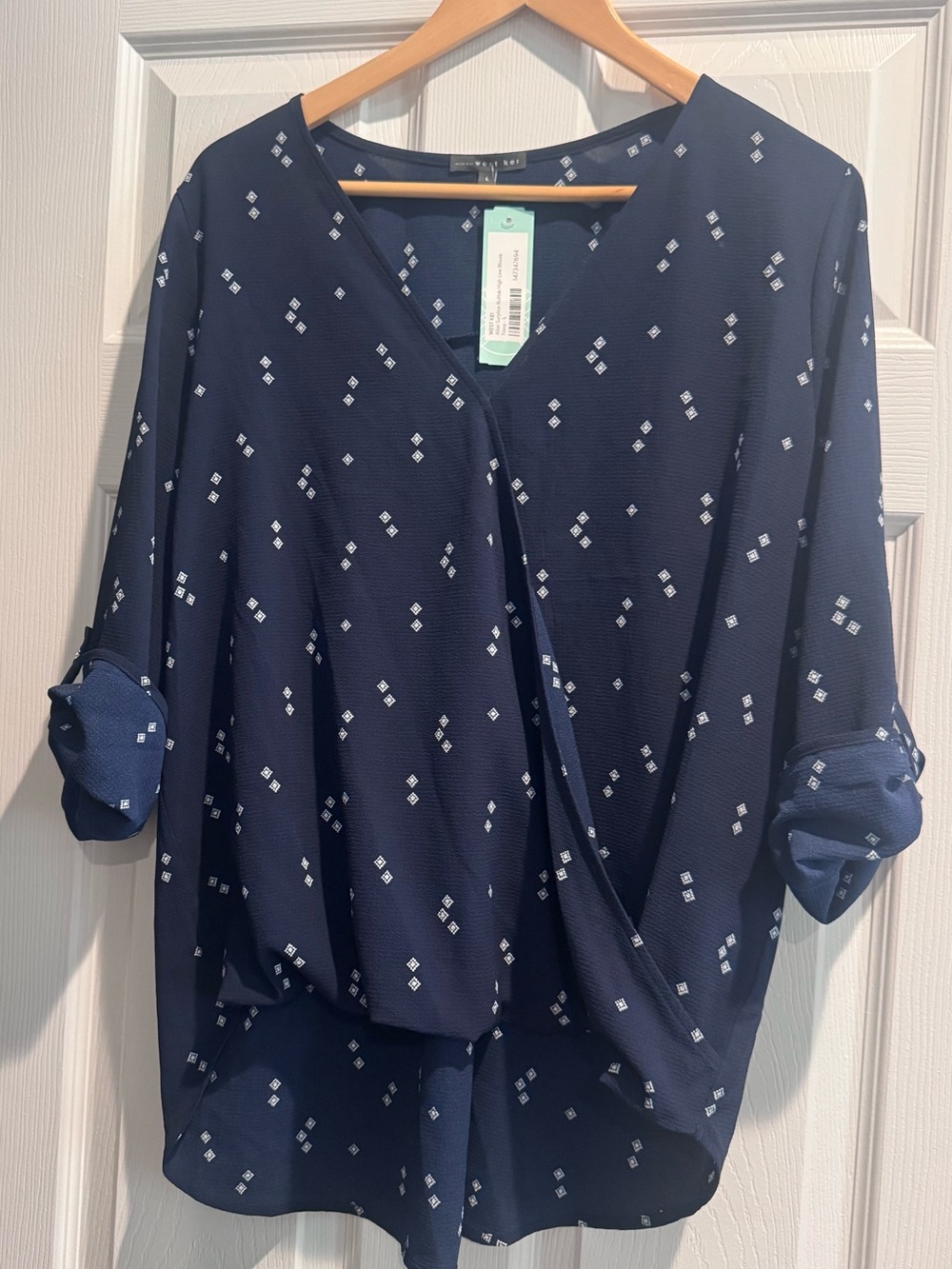 West Kei Navy and White Diamond-Print Wrap Top